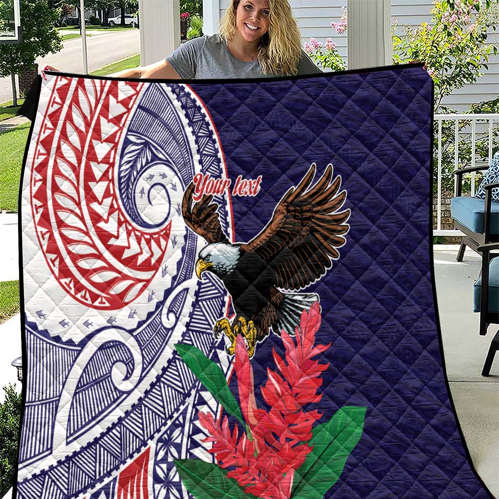 American Samoa Bald Eagle Personalized Quilt Polynesian Teuila Flowers LT9 Blue - Polynesian Pride