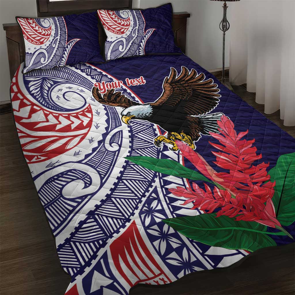 American Samoa Bald Eagle Personalized Quilt Bed Set Polynesian Teuila Flowers LT9 Blue - Polynesian Pride