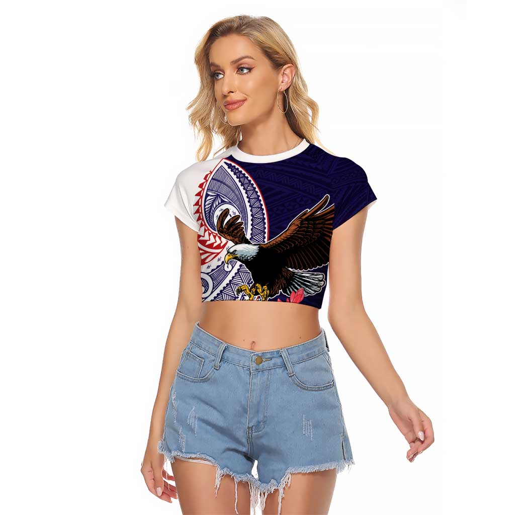 American Samoa Bald Eagle Personalized Raglan Cropped T Shirt Polynesian Teuila Flowers LT9 Female Blue - Polynesian Pride