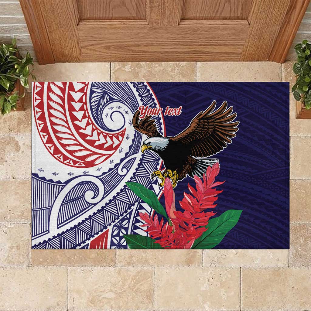 American Samoa Bald Eagle Personalized Rubber Doormat Polynesian Teuila Flowers LT9 Blue - Polynesian Pride