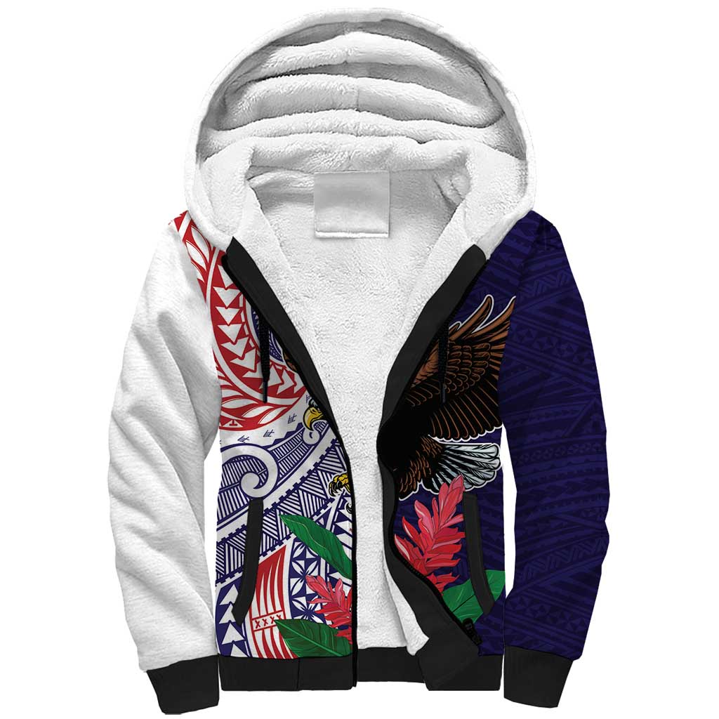American Samoa Bald Eagle Personalized Sherpa Hoodie Polynesian Teuila Flowers LT9 Unisex Blue - Polynesian Pride