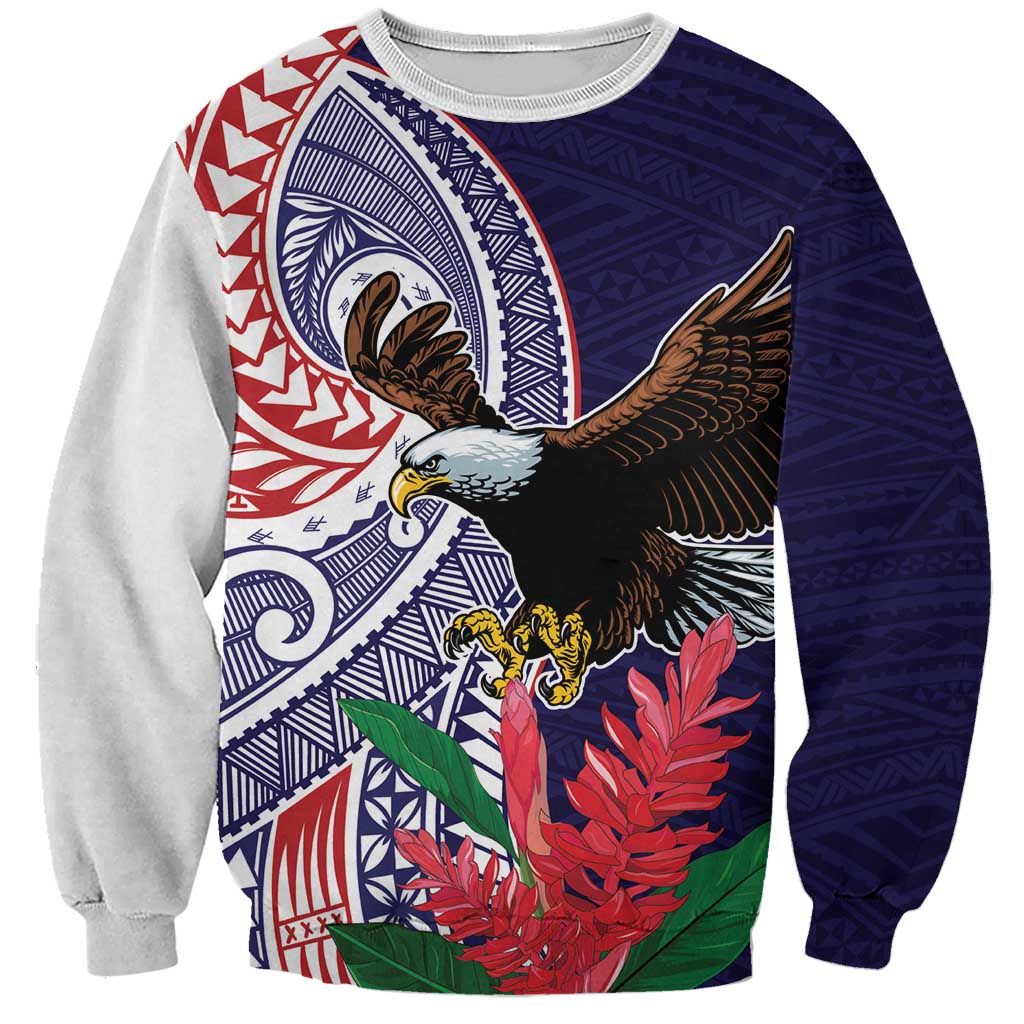 American Samoa Bald Eagle Personalized Sweatshirt Polynesian Teuila Flowers LT9 Unisex Blue - Polynesian Pride