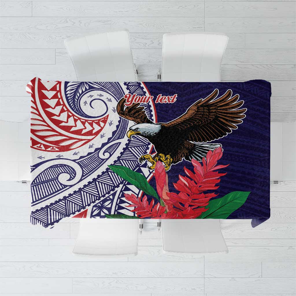 American Samoa Bald Eagle Personalized Tablecloth Polynesian Teuila Flowers LT9 Blue - Polynesian Pride