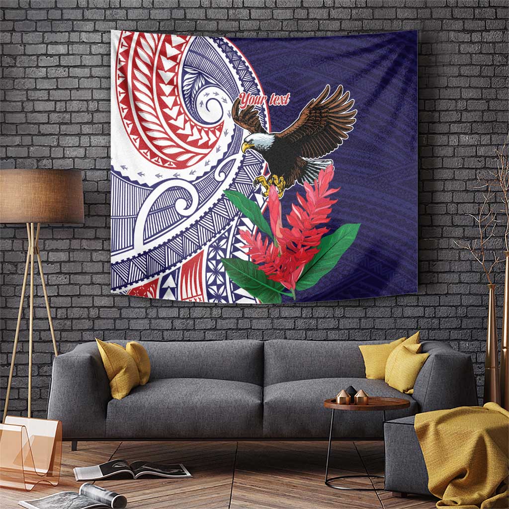 American Samoa Bald Eagle Personalized Tapestry Polynesian Teuila Flowers LT9 Blue - Polynesian Pride