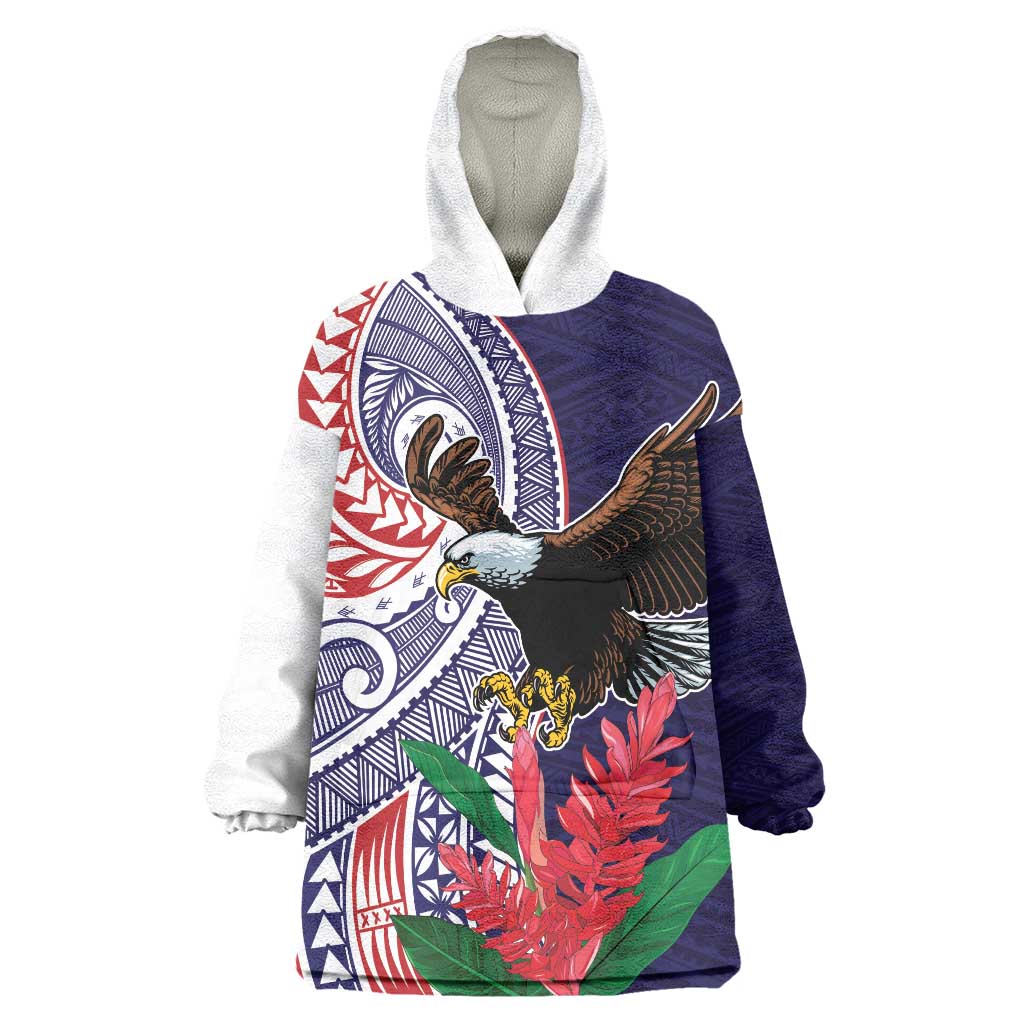 American Samoa Bald Eagle Personalized Wearable Blanket Hoodie Polynesian Teuila Flowers LT9 One Size Blue - Polynesian Pride