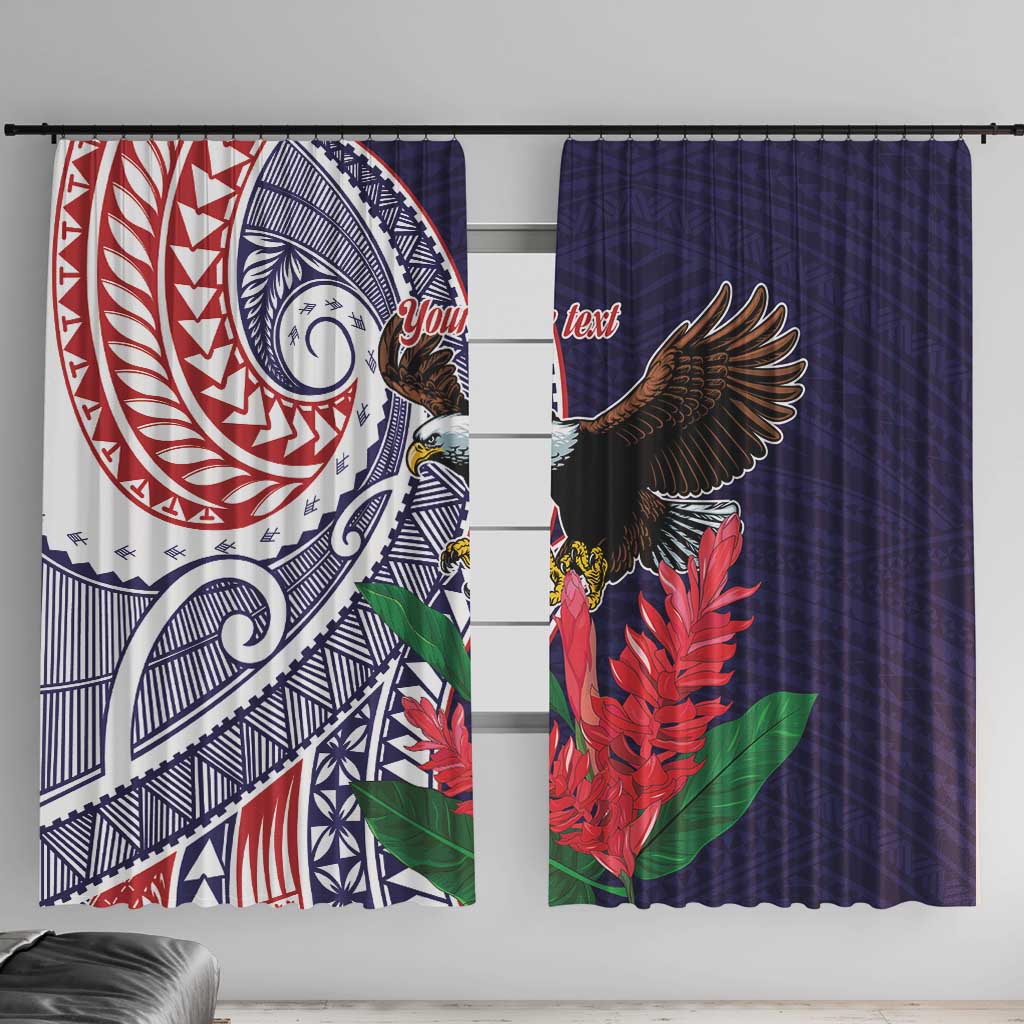 American Samoa Bald Eagle Personalized Window Curtain Polynesian Teuila Flowers LT9 With Hooks Blue - Polynesian Pride