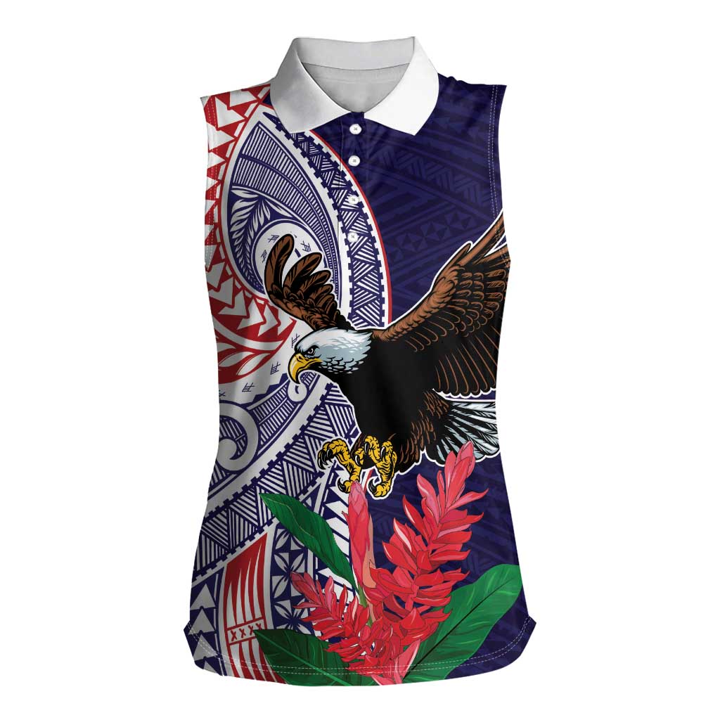 American Samoa Bald Eagle Personalized Women Sleeveless Polo Shirt Polynesian Teuila Flowers LT9 Female Blue - Polynesian Pride