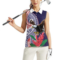 American Samoa Bald Eagle Personalized Women Sleeveless Polo Shirt Polynesian Teuila Flowers - Polynesian Pride