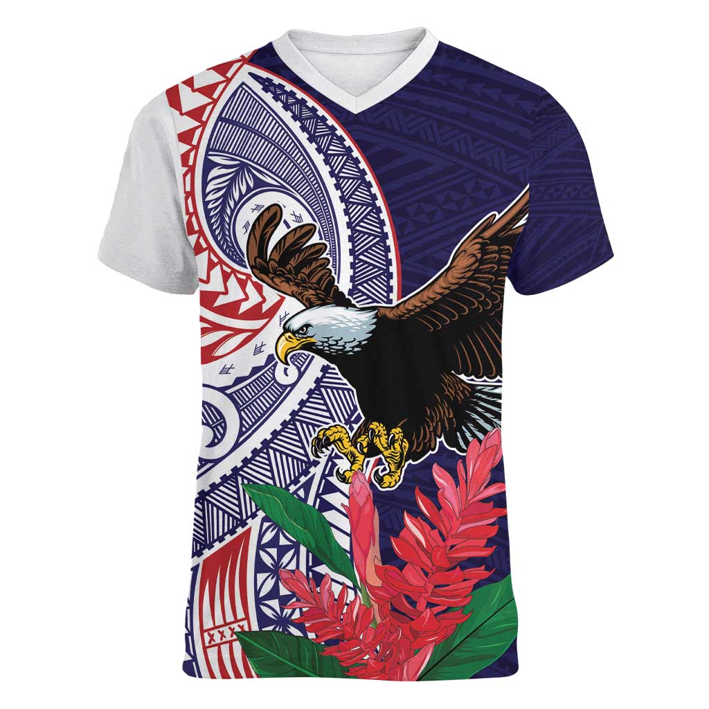 American Samoa Bald Eagle Personalized Women V-Neck T-Shirt Polynesian Teuila Flowers LT9 Female Blue - Polynesian Pride