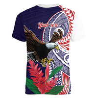 American Samoa Bald Eagle Personalized Women V-Neck T-Shirt Polynesian Teuila Flowers - Polynesian Pride