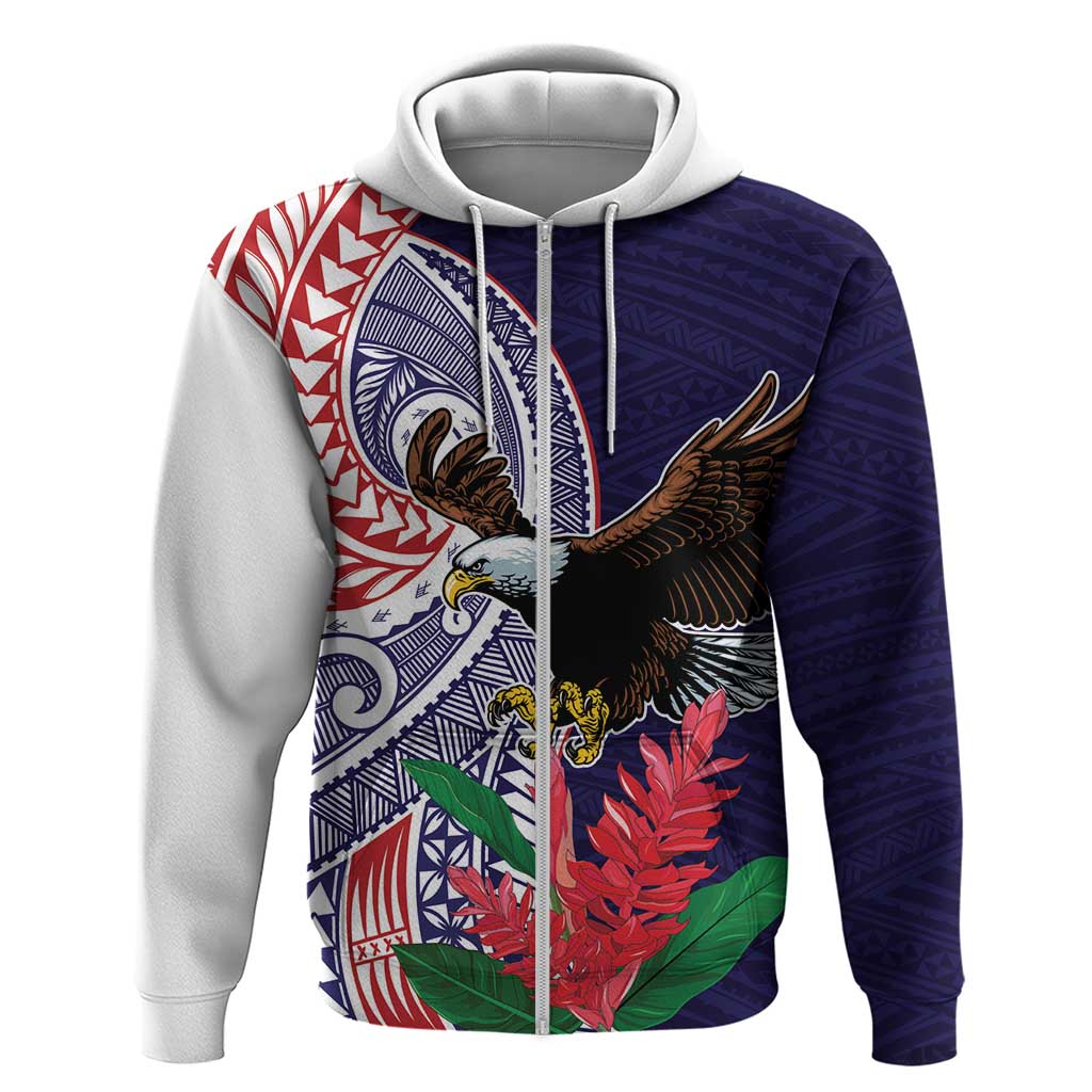 American Samoa Bald Eagle Personalized Zip Hoodie Polynesian Teuila Flowers LT9 Zip Hoodie Blue - Polynesian Pride
