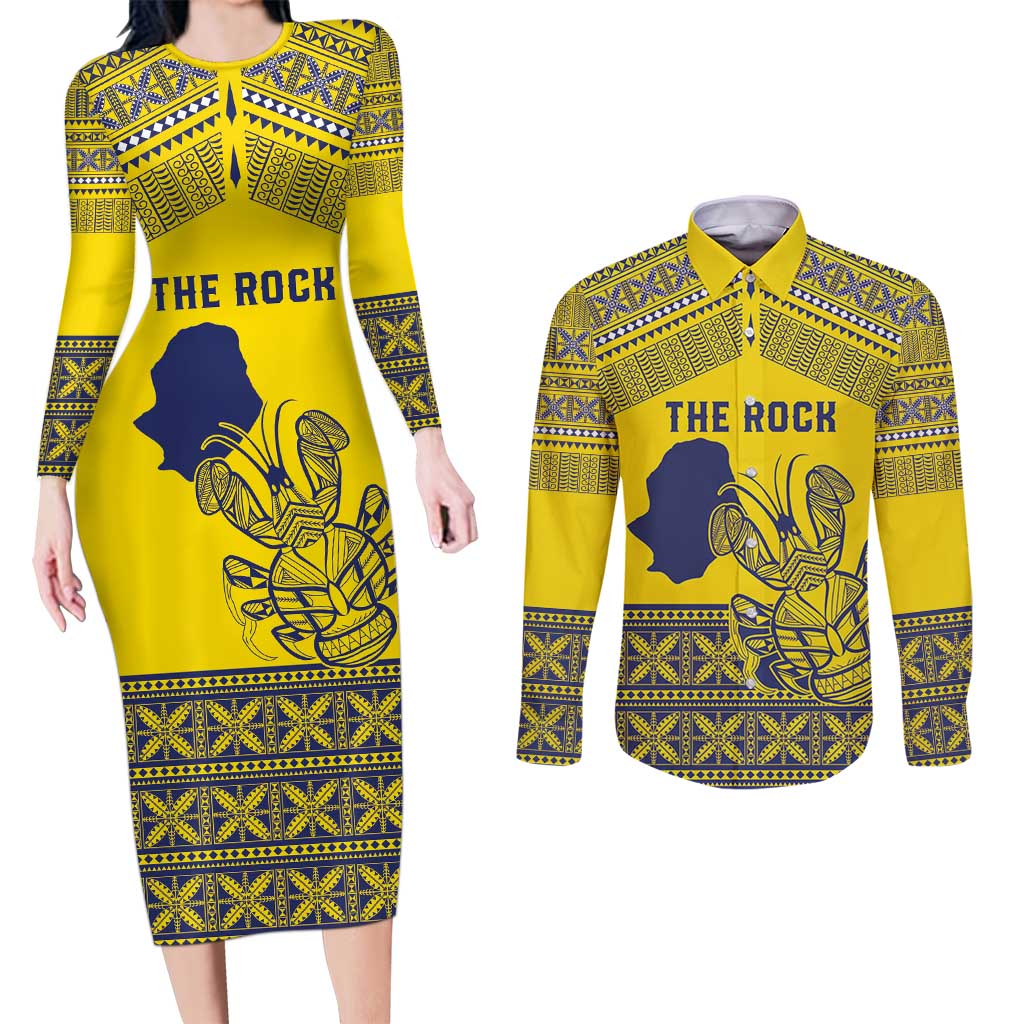 Niue Crab Personalised Couples Matching Long Sleeve Bodycon Dress and Long Sleeve Button Shirt Niuean Hiapo Pattern LT9 Gold - Polynesian Pride