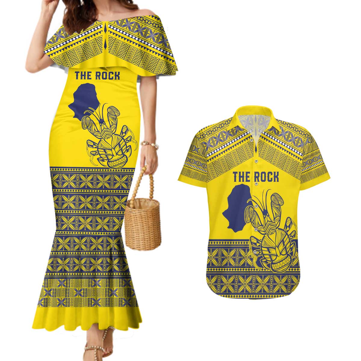 Niue Crab Personalised Couples Matching Mermaid Dress and Hawaiian Shirt Niuean Hiapo Pattern LT9 Gold - Polynesian Pride