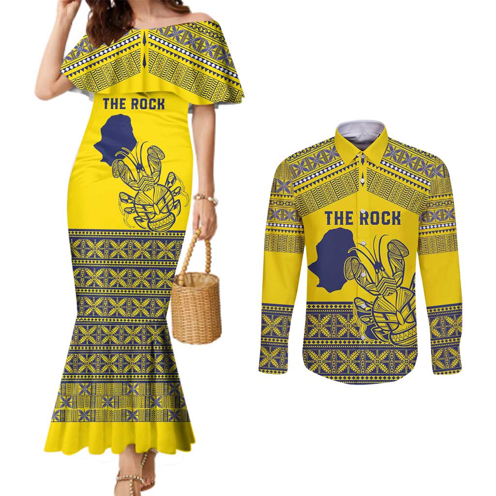 Niue Crab Personalised Couples Matching Mermaid Dress and Long Sleeve Button Shirt Niuean Hiapo Pattern LT9 Gold - Polynesian Pride