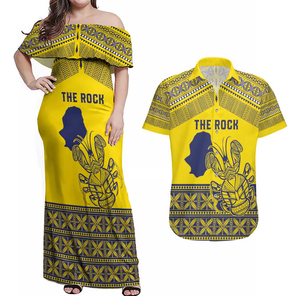 Niue Crab Personalised Couples Matching Off Shoulder Maxi Dress and Hawaiian Shirt Niuean Hiapo Pattern LT9 Gold - Polynesian Pride