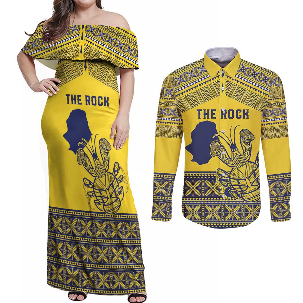 Niue Crab Personalised Couples Matching Off Shoulder Maxi Dress and Long Sleeve Button Shirt Niuean Hiapo Pattern LT9 Gold - Polynesian Pride