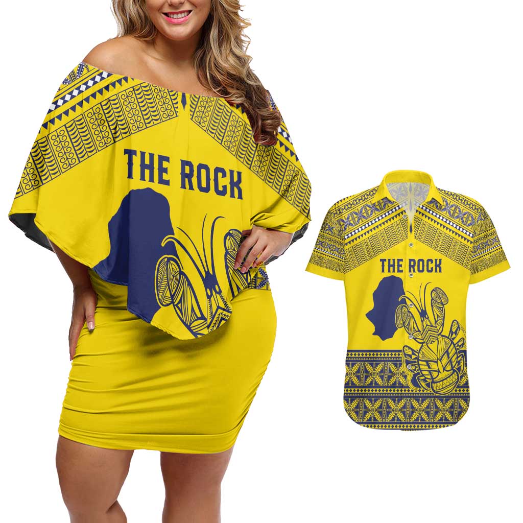 Niue Crab Personalised Couples Matching Off Shoulder Short Dress and Hawaiian Shirt Niuean Hiapo Pattern LT9 Gold - Polynesian Pride