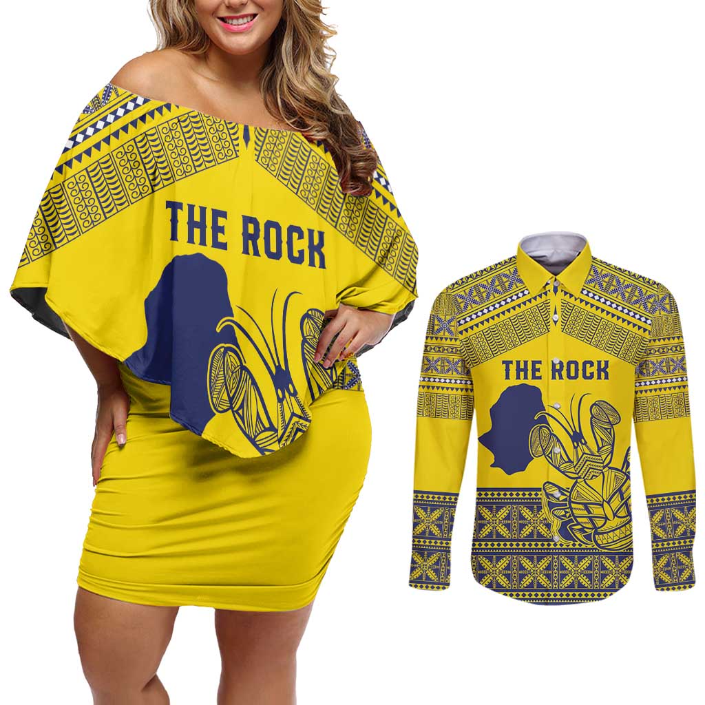 Niue Crab Personalised Couples Matching Off Shoulder Short Dress and Long Sleeve Button Shirt Niuean Hiapo Pattern LT9 Gold - Polynesian Pride