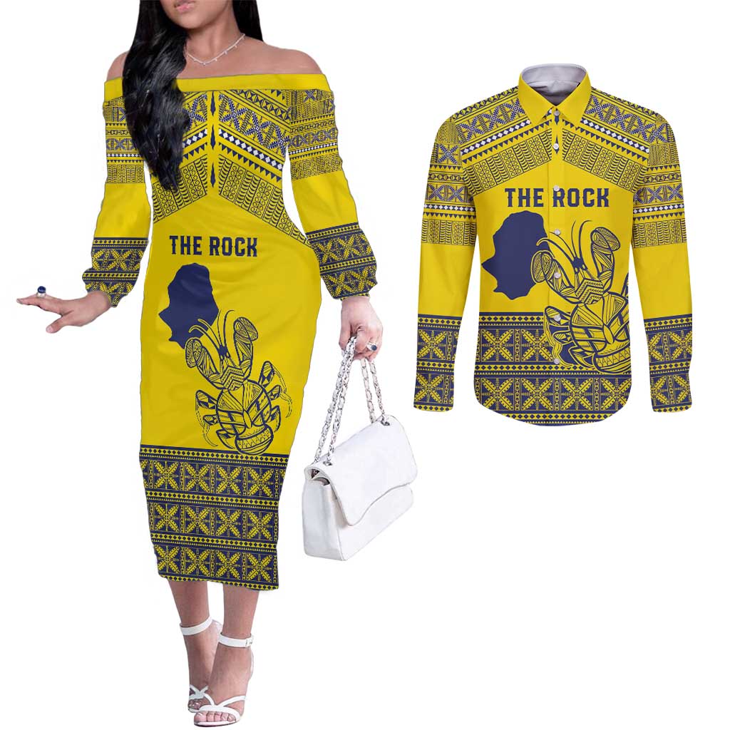 Niue Crab Personalised Couples Matching Off The Shoulder Long Sleeve Dress and Long Sleeve Button Shirt Niuean Hiapo Pattern LT9 Gold - Polynesian Pride
