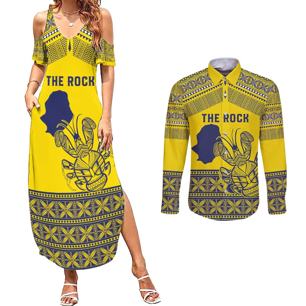 Niue Crab Personalised Couples Matching Summer Maxi Dress and Long Sleeve Button Shirt Niuean Hiapo Pattern LT9 Gold - Polynesian Pride