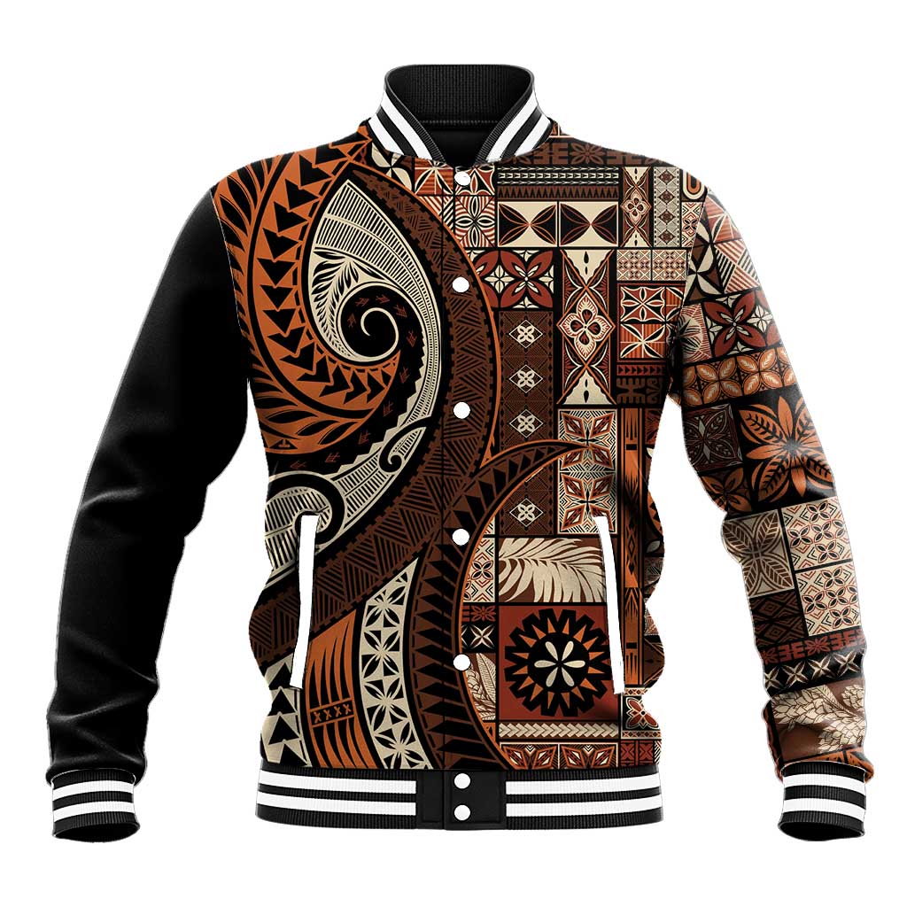 Vintage Samoa Siapo Mamanu Baseball Jacket Brown Samoan Tapa Motif LT9 Unisex Brown - Polynesian Pride