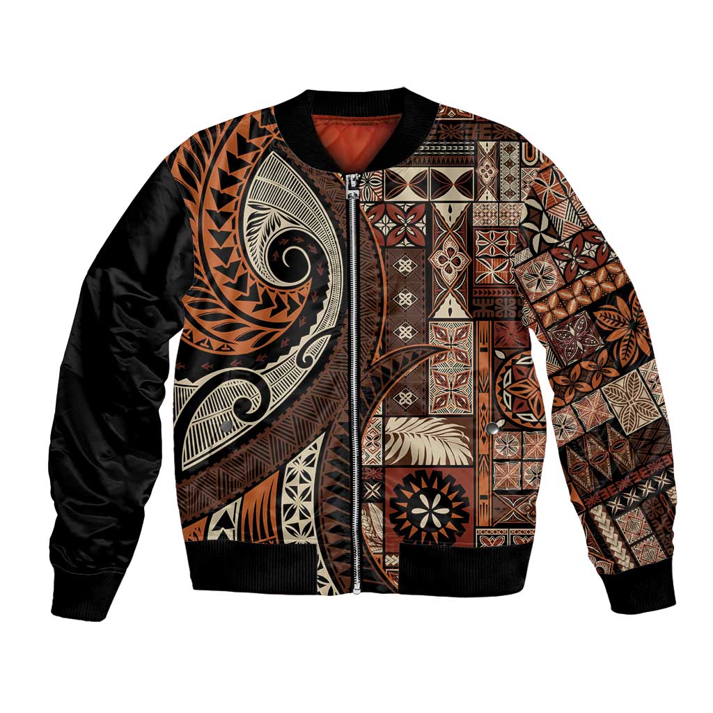 Vintage Samoa Siapo Mamanu Bomber Jacket Brown Samoan Tapa Motif LT9 Unisex Brown - Polynesian Pride