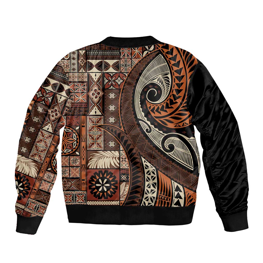 Vintage Samoa Siapo Mamanu Bomber Jacket Brown Samoan Tapa Motif LT9 - Polynesian Pride