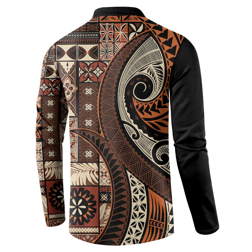 Vintage Samoa Siapo Mamanu Button Sweatshirt Brown Samoan Tapa Motif - Polynesian Pride