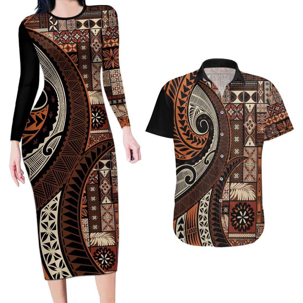 Vintage Samoa Siapo Mamanu Couples Matching Long Sleeve Bodycon Dress and Hawaiian Shirt Brown Samoan Tapa Motif - Polynesian Pride