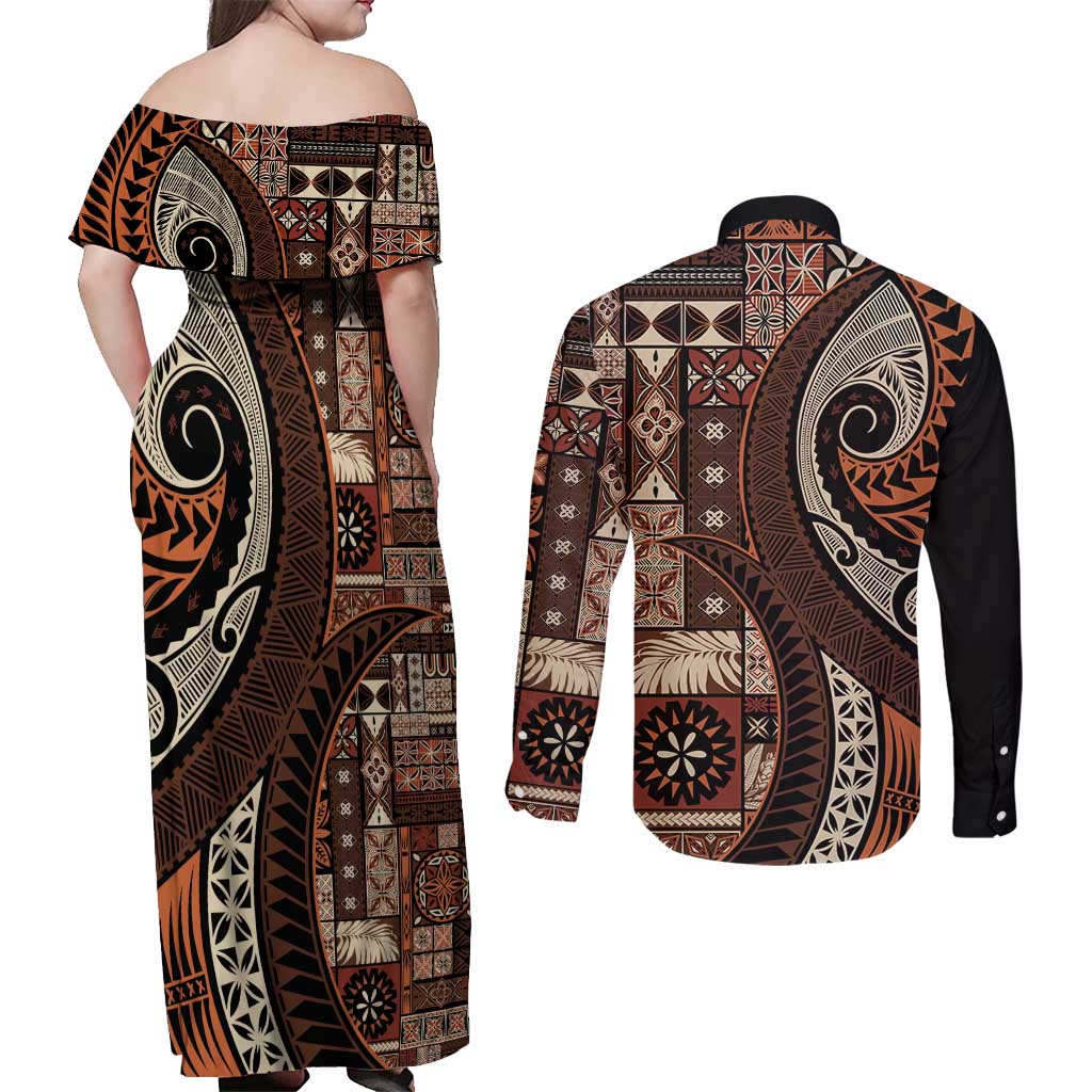 Vintage Samoa Siapo Mamanu Couples Matching Off Shoulder Maxi Dress and Long Sleeve Button Shirt Brown Samoan Tapa Motif - Polynesian Pride