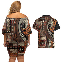 Vintage Samoa Siapo Mamanu Couples Matching Off Shoulder Short Dress and Hawaiian Shirt Brown Samoan Tapa Motif - Polynesian Pride