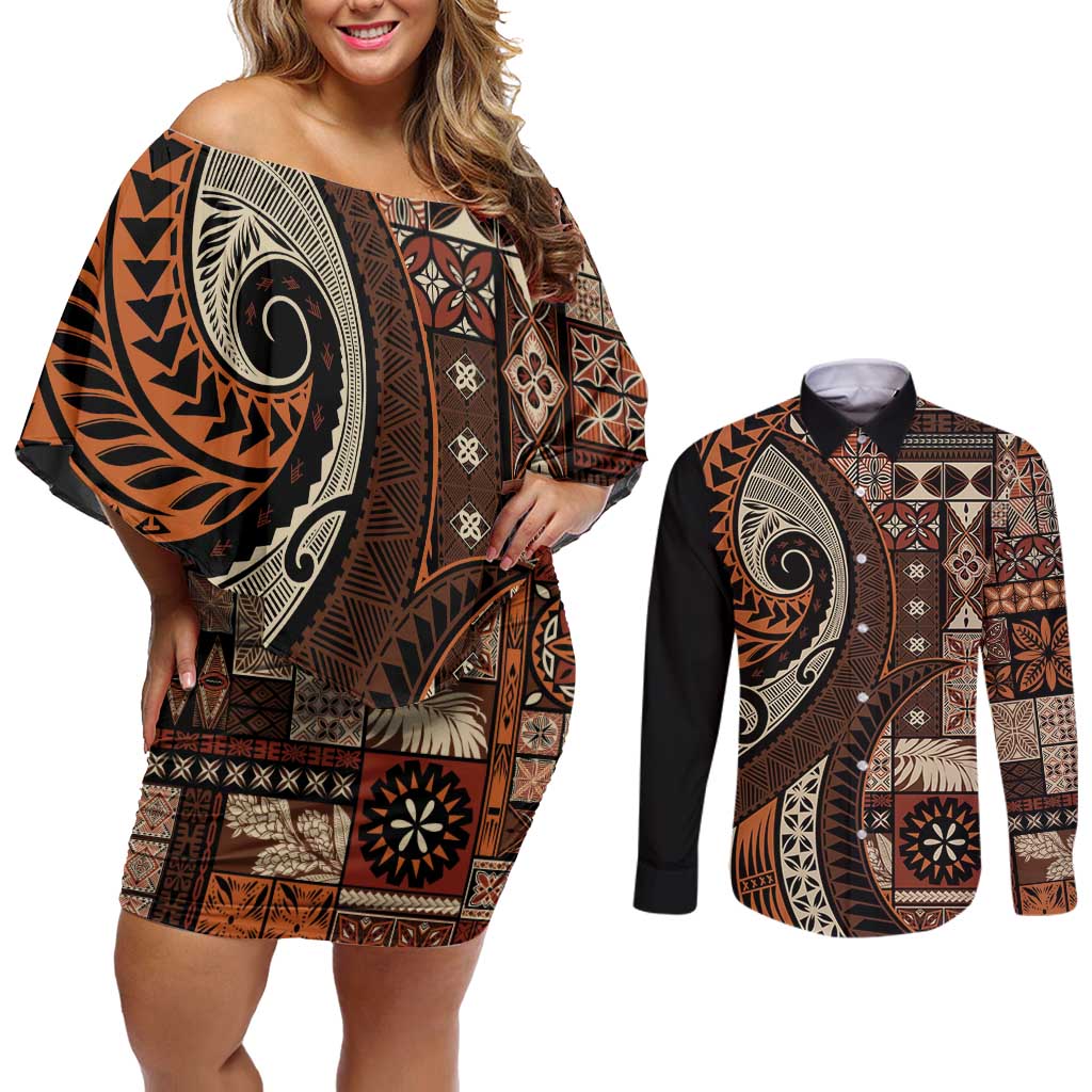 Vintage Samoa Siapo Mamanu Couples Matching Off Shoulder Short Dress and Long Sleeve Button Shirt Brown Samoan Tapa Motif LT9 Brown - Polynesian Pride