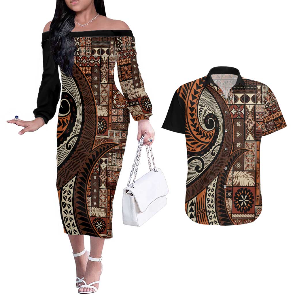 Vintage Samoa Siapo Mamanu Couples Matching Off The Shoulder Long Sleeve Dress and Hawaiian Shirt Brown Samoan Tapa Motif LT9 Brown - Polynesian Pride