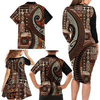 Vintage Samoa Siapo Mamanu Family Matching Long Sleeve Bodycon Dress and Hawaiian Shirt Brown Samoan Tapa Motif - Polynesian Pride