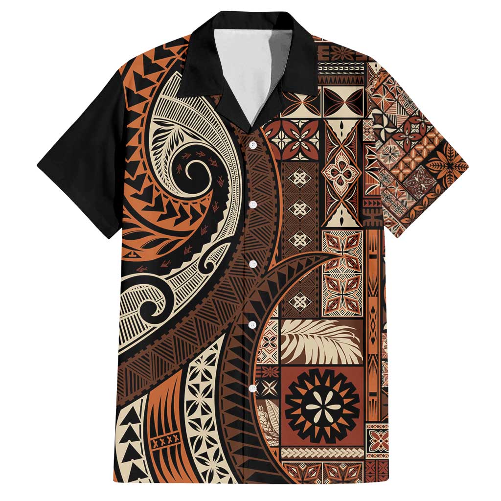 Vintage Samoa Siapo Mamanu Family Matching Long Sleeve Bodycon Dress and Hawaiian Shirt Brown Samoan Tapa Motif - Polynesian Pride