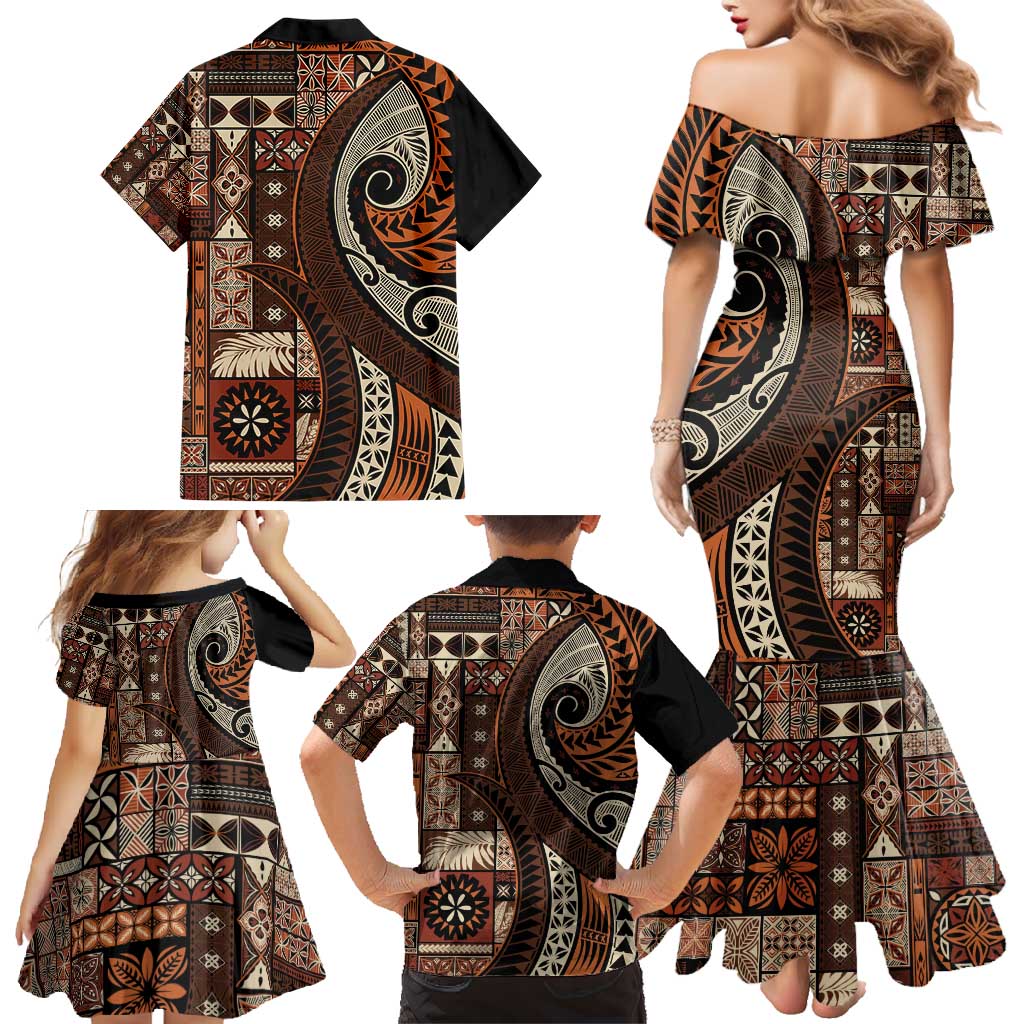 Vintage Samoa Siapo Mamanu Family Matching Mermaid Dress and Hawaiian Shirt Brown Samoan Tapa Motif - Polynesian Pride