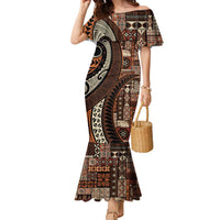 Vintage Samoa Siapo Mamanu Family Matching Mermaid Dress and Hawaiian Shirt Brown Samoan Tapa Motif - Polynesian Pride
