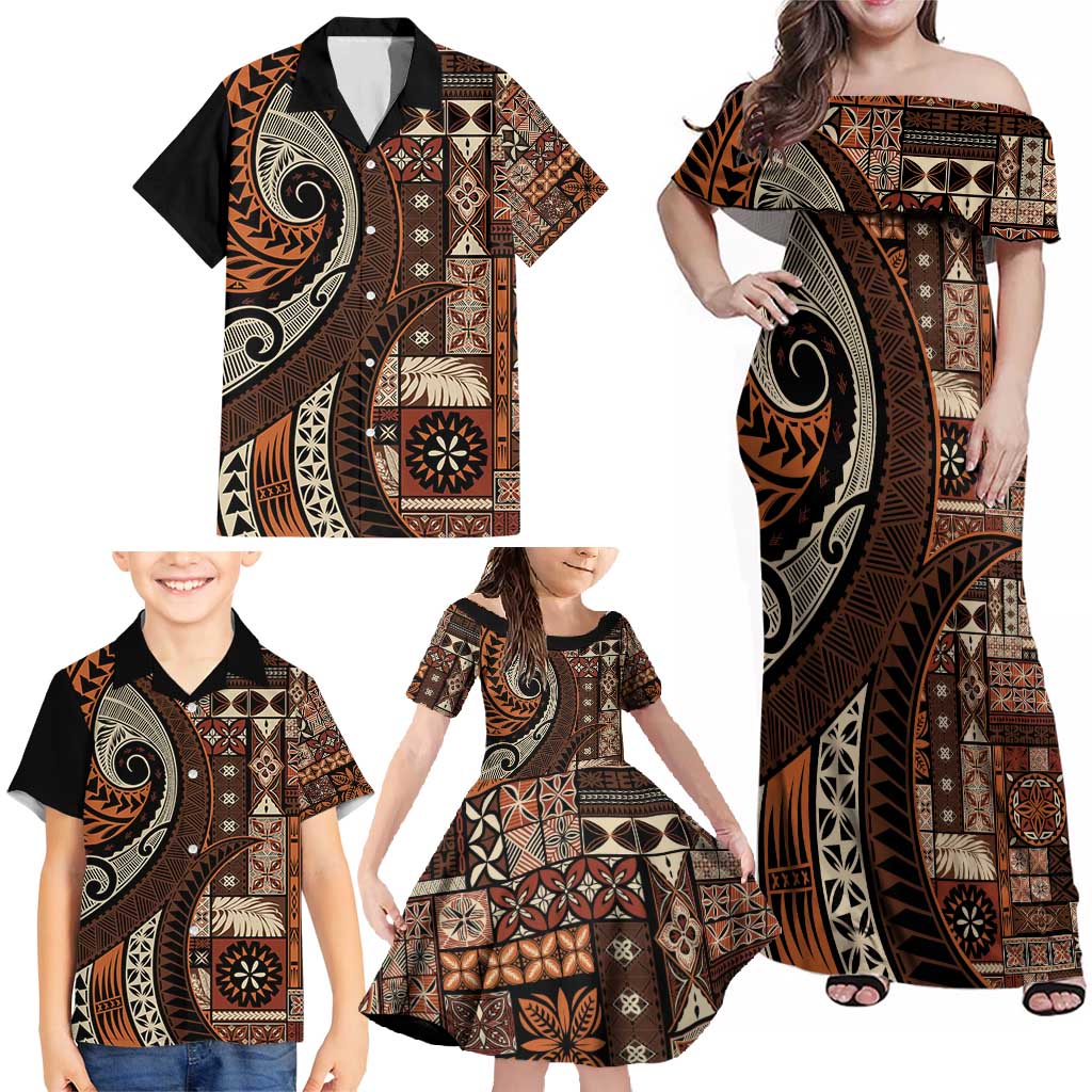 Vintage Samoa Siapo Mamanu Family Matching Off Shoulder Maxi Dress and Hawaiian Shirt Brown Samoan Tapa Motif - Polynesian Pride