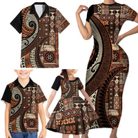 Vintage Samoa Siapo Mamanu Family Matching Short Sleeve Bodycon Dress and Hawaiian Shirt Brown Samoan Tapa Motif - Polynesian Pride