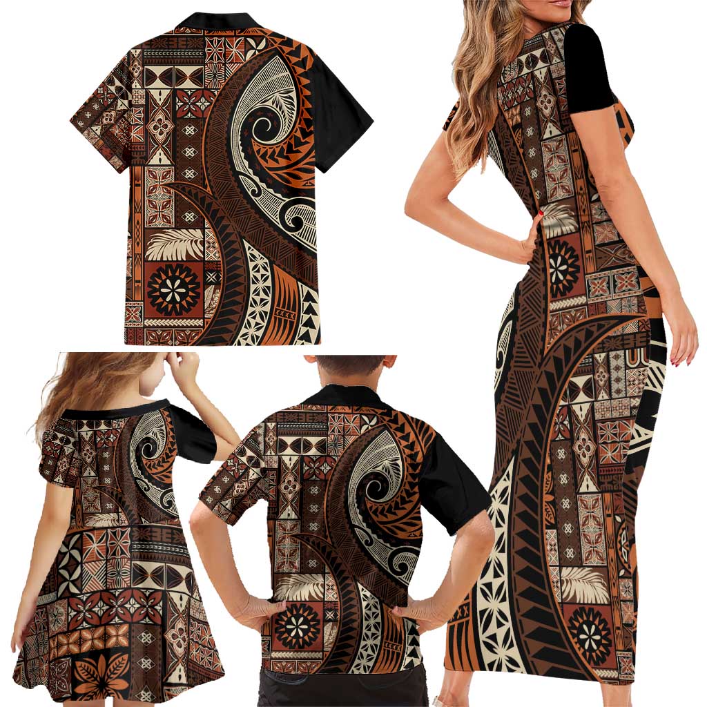 Vintage Samoa Siapo Mamanu Family Matching Short Sleeve Bodycon Dress and Hawaiian Shirt Brown Samoan Tapa Motif - Polynesian Pride