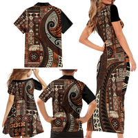 Vintage Samoa Siapo Mamanu Family Matching Short Sleeve Bodycon Dress and Hawaiian Shirt Brown Samoan Tapa Motif - Polynesian Pride