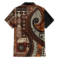 Vintage Samoa Siapo Mamanu Family Matching Short Sleeve Bodycon Dress and Hawaiian Shirt Brown Samoan Tapa Motif - Polynesian Pride