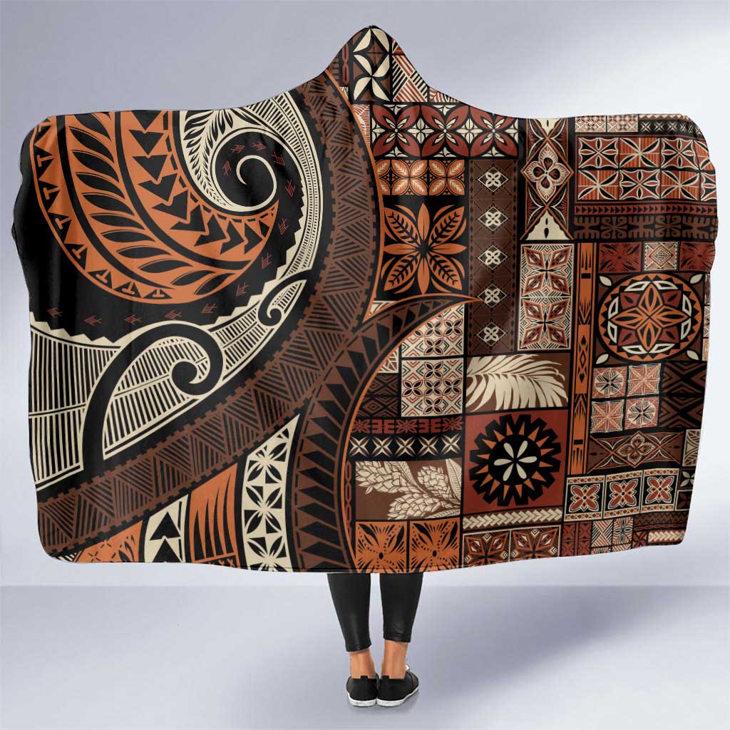 Vintage Samoa Siapo Mamanu Hooded Blanket Brown Samoan Tapa Motif LT9 One Size Brown - Polynesian Pride