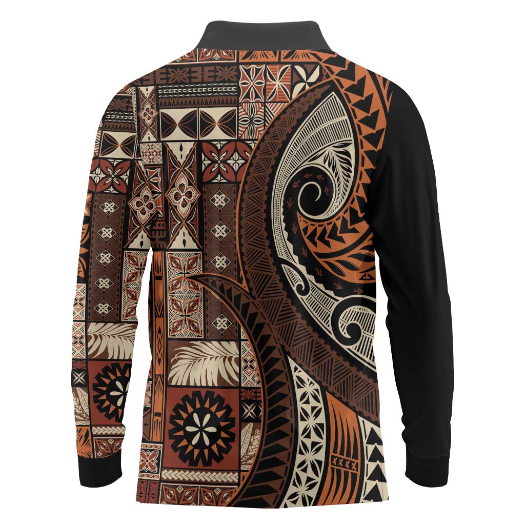 Vintage Samoa Siapo Mamanu Long Sleeve Polo Shirt Brown Samoan Tapa Motif LT9 - Polynesian Pride