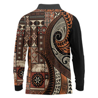 Vintage Samoa Siapo Mamanu Long Sleeve Polo Shirt Brown Samoan Tapa Motif LT9 - Polynesian Pride