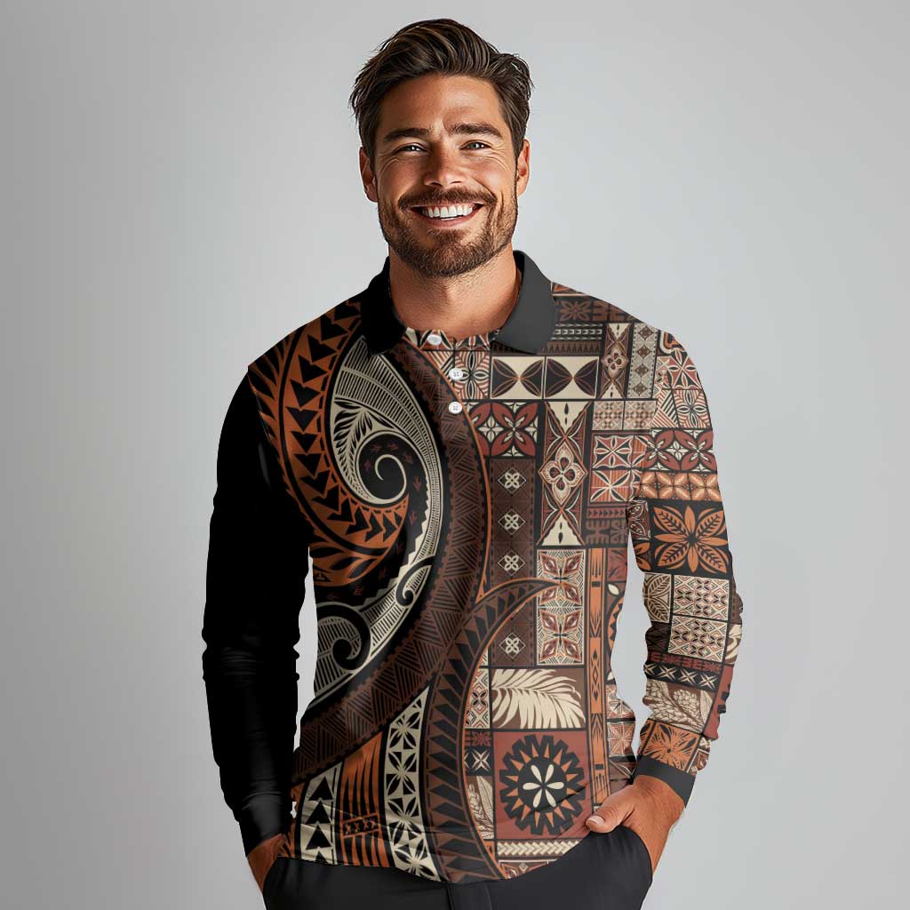 Vintage Samoa Siapo Mamanu Long Sleeve Polo Shirt Brown Samoan Tapa Motif LT9 - Polynesian Pride