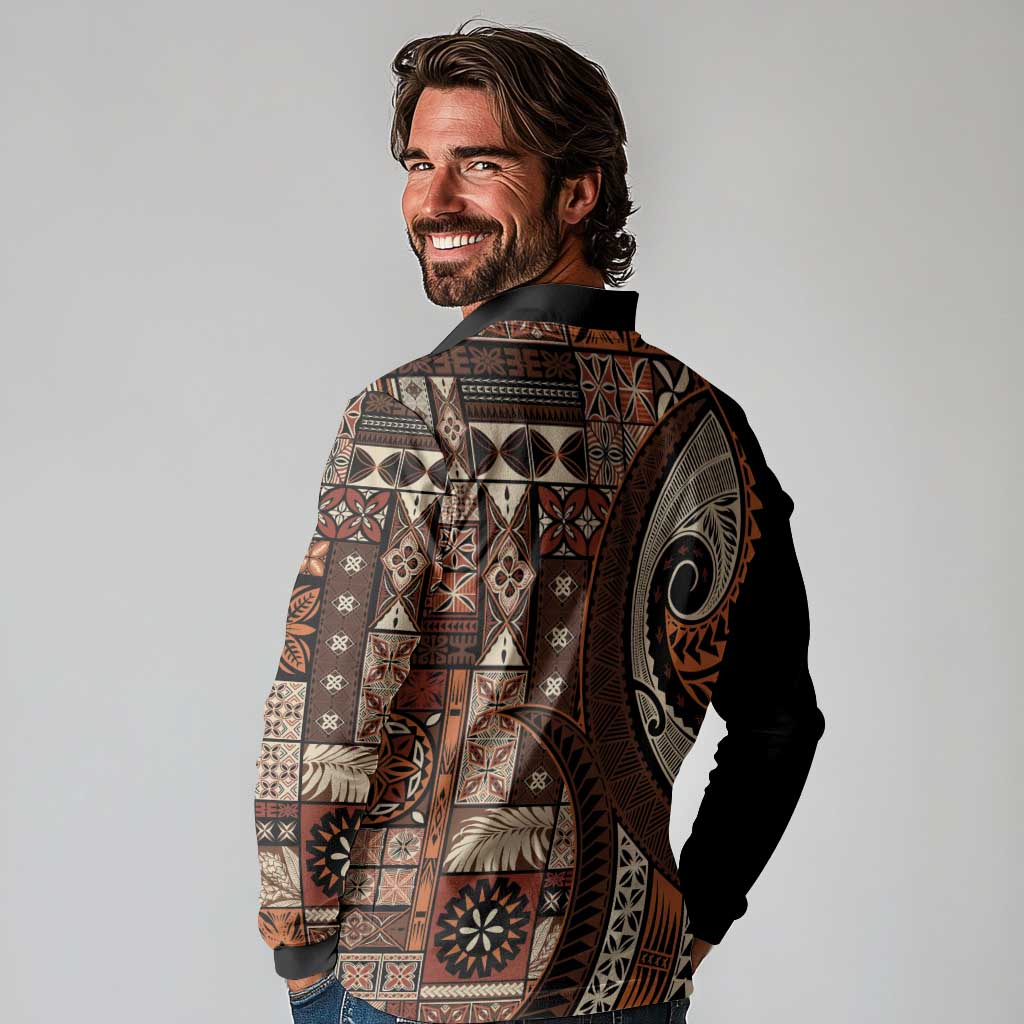 Vintage Samoa Siapo Mamanu Long Sleeve Polo Shirt Brown Samoan Tapa Motif LT9 - Polynesian Pride