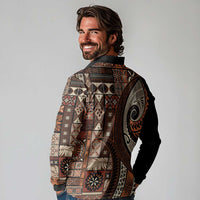 Vintage Samoa Siapo Mamanu Long Sleeve Polo Shirt Brown Samoan Tapa Motif LT9 - Polynesian Pride