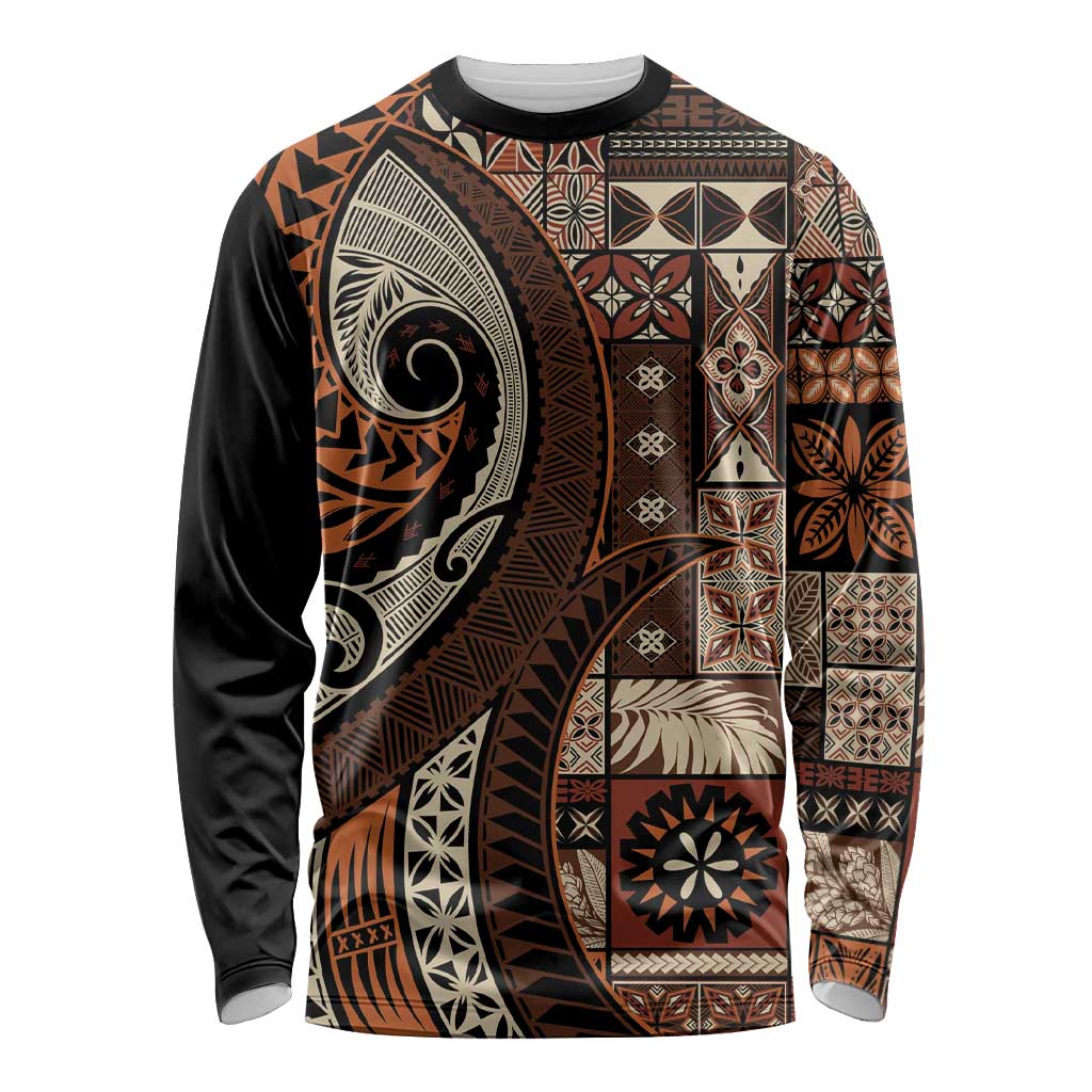 Vintage Samoa Siapo Mamanu Long Sleeve Shirt Brown Samoan Tapa Motif LT9 Unisex Brown - Polynesian Pride