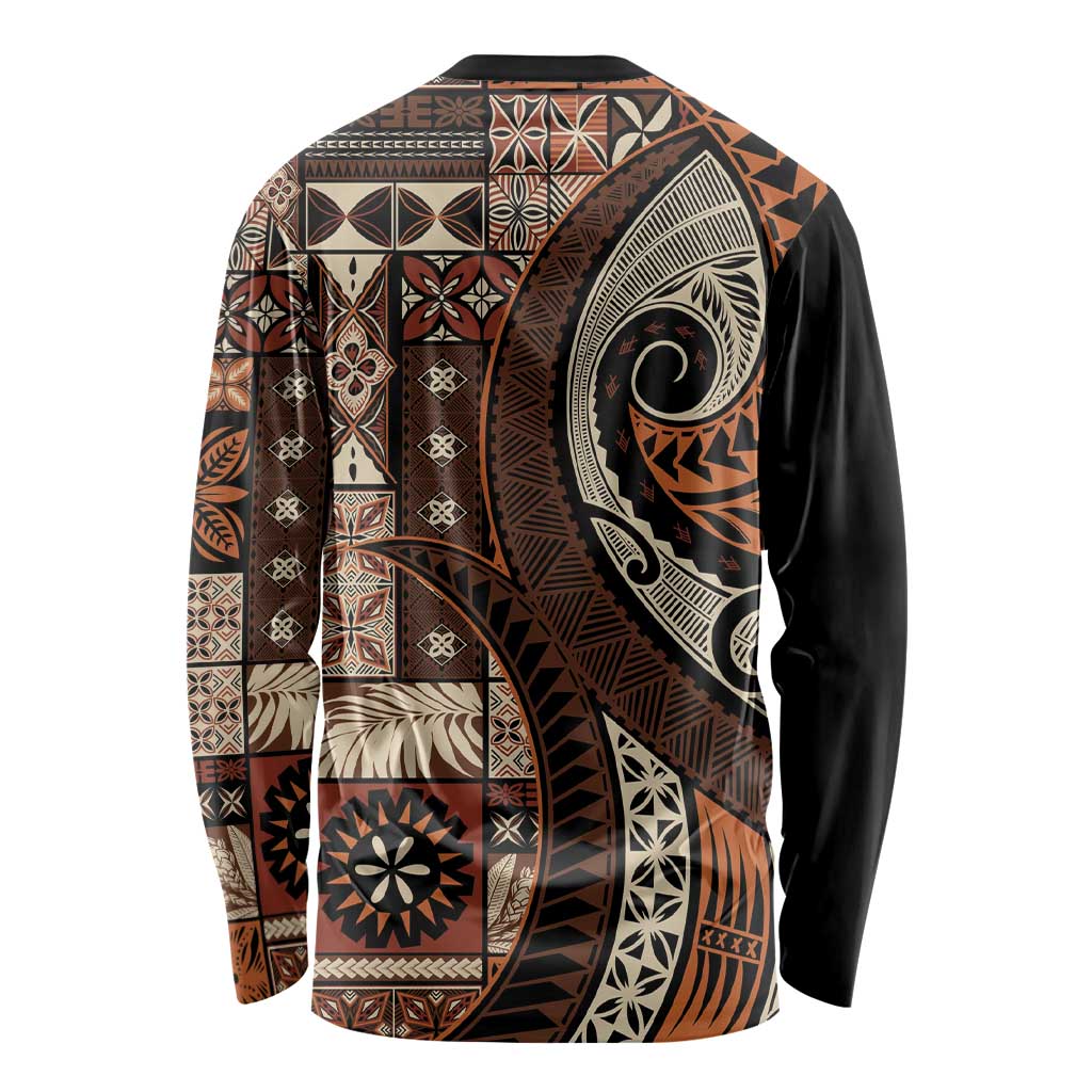 Vintage Samoa Siapo Mamanu Long Sleeve Shirt Brown Samoan Tapa Motif - Polynesian Pride